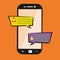 Sending message. Concept of a mobile chat or conversation of people via mobile phones. Flat cartoon illustration for web banners,