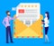 Sending message, notification, invitation. Mail concept. Businessmen opening an envelope with letter