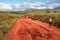 Sendrisoa, Madagascar - April 28, 2019: Group of unknown Malagasy men, women and children walking home after working at fields,