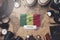 Senegal Flag Between Traveler`s Accessories on Old Vintage Map. Overhead Shot