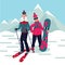 Senior adult couple on a ski resort. Cartoon characters.