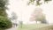 Senior adults walking in the park in the foggy morning