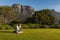 Senior african american woman putting yoga mat on grass in stunning countryside