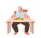 Senior aged man hunger character with overweight eating junk unhealthy food sitting at table