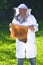 Senior apiarist making inspection in apiary