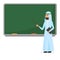 Senior Arab teacher, muslim professor standing near blackboard in classroom at school, college or university. Flat