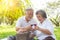 Senior asian couple cheering with wine glasses at park. Happy elderly couple having fun together. Senior couple having picnic. Gra