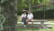 Senior Asian couple sitting on bench in a park, reading and surfing phone together.