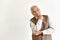 Senior asian old man standing relax, Thinking and smiling elderly people on white background.