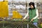 Senior asian woman gardener is preparing organics vegetable seedling inside her greenhouse during winter time to plant out into