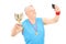 Senior athlete taking selfie with trophy in hand