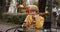 Senior attractive woman sitting on a chair near an outdoor cafe uses her phone on a social network