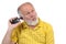 Senior bald man\'s picking his ear