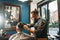 Senior barber finishing stylish hairdo free space