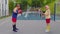 Senior basketball team couple man woman playing game with ball, pass to each other at stadium court