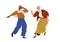 Senior biracial couple dance. Happy elderly woman and man of different race dancing. Active old spouse moving to music