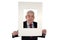 Senior businessman with photo mount making faces