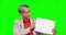 Senior businesswoman, blank poster and green screen with confused face, wow or surprise in mock up for deal. Mature