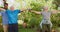 Senior care, weightlifting for exercise and physio, old people and caregiver in garden with rehabilitation and healing