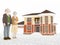 Senior cartoon couple standing in front of big house