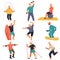 Senior characters leading active lifestyle, doing exercises vector