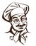 Senior chef wearing hat and uniform. Hand drawing logo