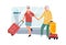 Senior couple in airport. Elderly man and woman travel. Cartoon people holding hands and carrying baggage. Vector