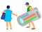 Senior couple on beach holiday vector. Man with air pool mattress. Mother and father spend time together.