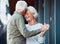 Senior couple, dance and happy smile, love and romance outdoor together, support or trust in marriage relationship