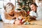 Senior couple with dog in front of Christmas tree.