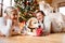 Senior couple with dog in front of Christmas tree