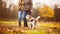 Senior couple with dog on a walk in an autumn nature. Generative AI