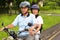 Senior couple drive motorcycle to travel