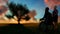 Senior couple enjoying sunrise on green meadow with oak tree, time lapse clouds, panning