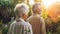 Senior couple enjoying sunset in backyard garden. Rear back view of elderly wife and husband spending time together. AI generated