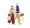 Senior couple going with Christmas shopping bags, gift box for winter holidays. Happy elderly people, spouse walking on