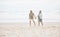 Senior, couple and hand holding on the beach for retirement vacation, holiday or adventure in summer. Elderly, man and