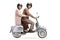 Senior couple with helmets riding on a vintage scooter