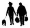 Senior couple in love holding hand and walking the street with dog. After shopping time in market. Happy elderly seniors.