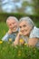 Senior couple lying on green meadow with dandelions