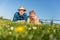 Senior couple lying on the summer field in green grass