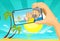 Senior Couple Make Selfie Photo with Mobil Phone from the Beach Tropical Holiday - Vector Illustration