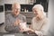 Senior couple puts the coin into the piggybank