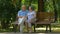 Senior couple relaxed talking on the park bench