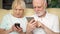 Senior couple sitting on sofa at home. Modern pensioners using mobile, browsing, reading news