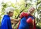 Senior couple in super hero dress ready to fight for fun