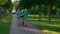 Senior couple walking with bicycle.