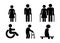 Senior couple with walking cane. Senior men and women. Person with disabilities and physical injury symbols. Wheelchair sign.