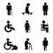 Senior couple with walking cane. Senior men and women. Person with disabilities and physical injury symbols. Wheelchair sign.