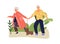Senior couple walks in park with dog. Cartoon vector elderly activity concept